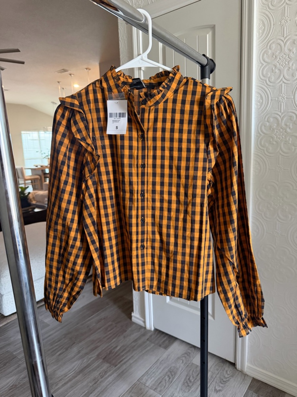 Checked Ruffle-Shoulder Button-Up Shirt - Orange/Black